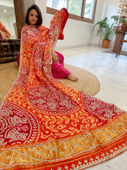 Orange, Red Bandhani Dupatta with Gotapatti Handwork in Pure Silk