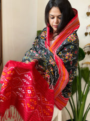 Greenish Black Handwoven Ikat Dupatta in Pure Silk