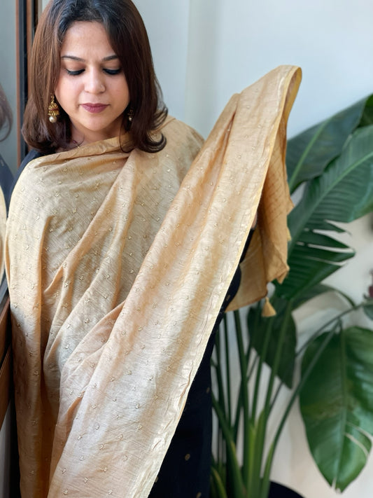 Golden Handwoven Muga Silk dupattas with Hand Embroidery