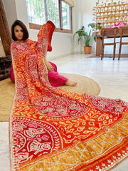 Orange, Red Bandhani Dupatta with Gotapatti Handwork in Pure Silk