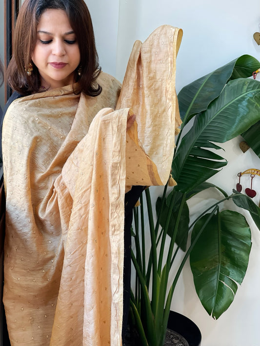 Golden Handwoven Muga Silk dupattas with Hand Embroidery