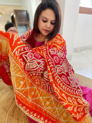Orange, Red Bandhani Dupatta with Gotapatti Handwork in Pure Silk