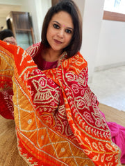 Orange, Red Bandhani Dupatta with Gotapatti Handwork in Pure Silk