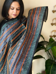 Black, Grey Handmade Kantha Dupatta in Silk