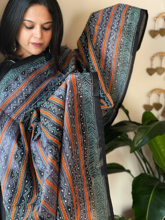 Black, Grey Handmade Kantha Dupatta in Silk