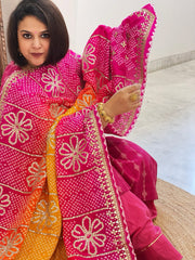 Yellow, Pink Bandhani Dupatta with Gotapatti Handwork in Pure Silk