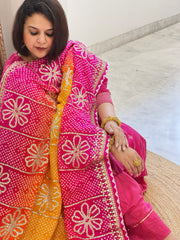 Yellow, Pink Bandhani Dupatta with Gotapatti Handwork in Pure Silk