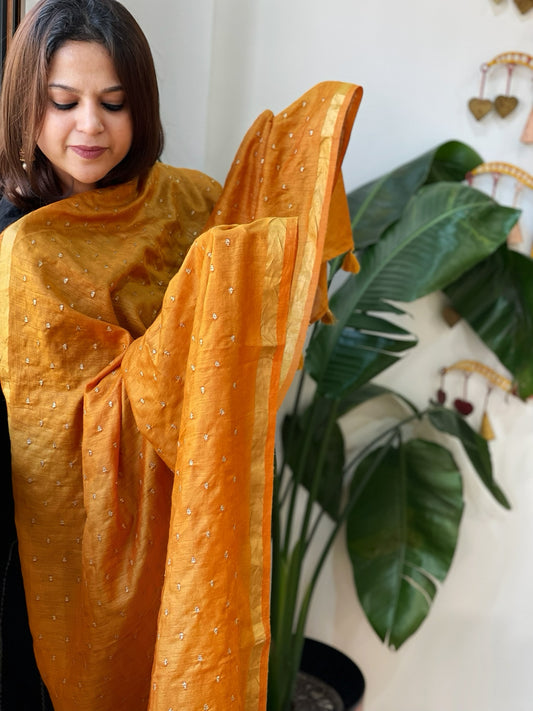 Orangish Yellow Handwoven Muga Silk dupattas with Hand Embroidery