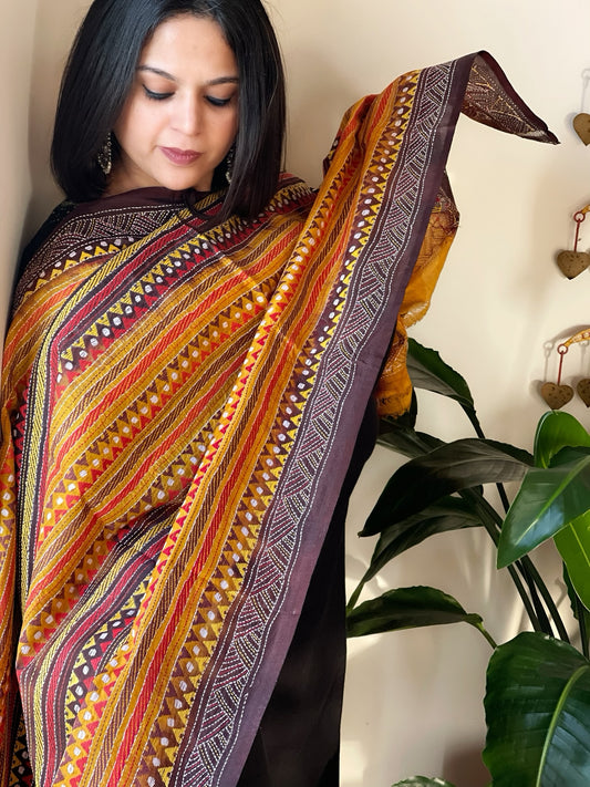 Mustard, Brown Handmade Kantha Dupatta in Silk