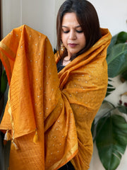 Orangish Yellow Handwoven Muga Silk dupattas with Hand Embroidery