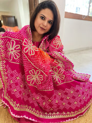 Yellow, Pink Bandhani Dupatta with Gotapatti Handwork in Pure Silk