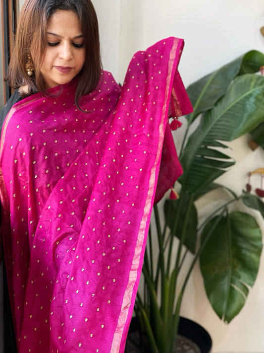 Pink Handwoven Muga Silk dupattas with Hand Embroidery
