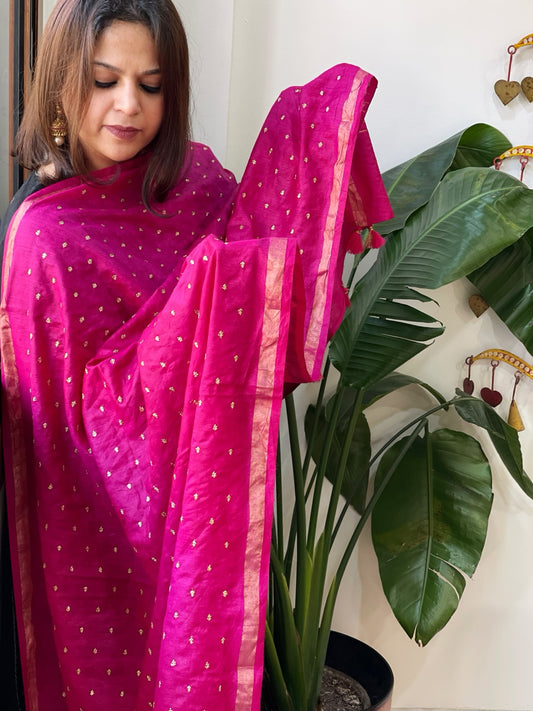 Pink Handwoven Muga Silk dupattas with Hand Embroidery