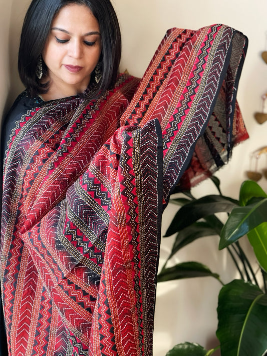 Black, Red Handmade Kantha Dupatta in Silk