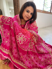 Yellow, Pink Bandhani Dupatta with Gotapatti Handwork in Pure Silk