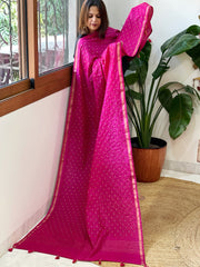 Pink Handwoven Muga Silk dupattas with Hand Embroidery