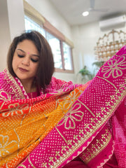 Yellow, Pink Bandhani Dupatta with Gotapatti Handwork in Pure Silk