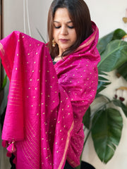 Pink Handwoven Muga Silk dupattas with Hand Embroidery