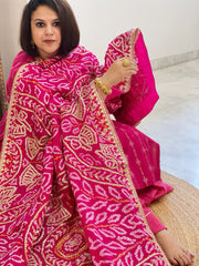 Pink Bandhani Dupatta with Gotapatti Handwork in Pure Silk