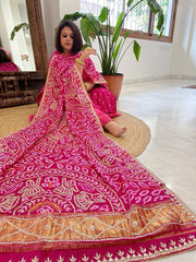 Pink Bandhani Dupatta with Gotapatti Handwork in Pure Silk