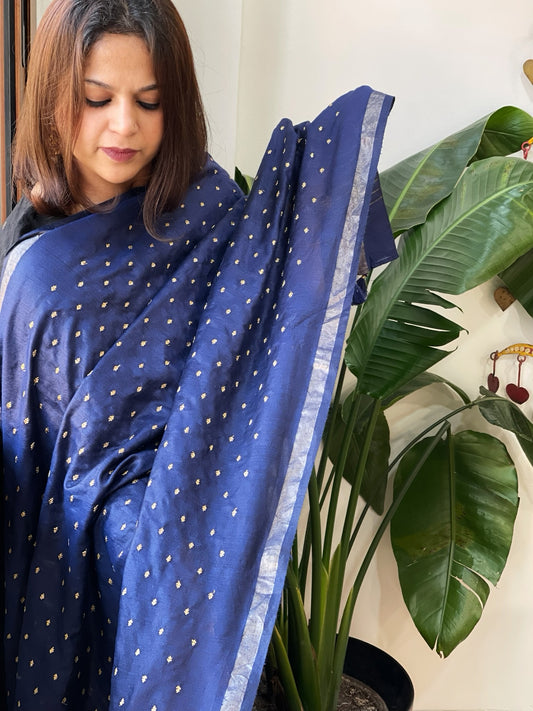 Blue Handwoven Muga Silk dupattas with Hand Embroidery