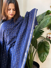 Blue Handwoven Muga Silk dupattas with Hand Embroidery