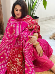Pink, Red Bandhani Dupatta with Gotapatti Handwork in Pure Silk