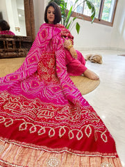 Pink, Red Bandhani Dupatta with Gotapatti Handwork in Pure Silk