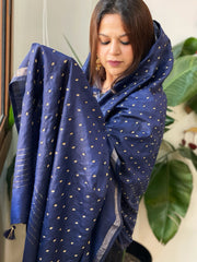 Blue Handwoven Muga Silk dupattas with Hand Embroidery