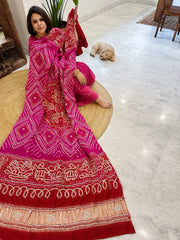 Pink, Red Bandhani Dupatta with Gotapatti Handwork in Pure Silk
