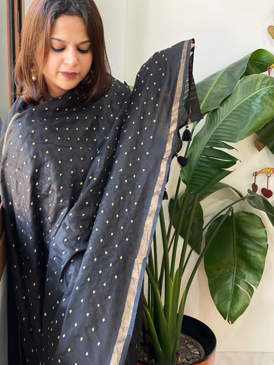 Black Handwoven Muga Silk dupattas with Hand Embroidery