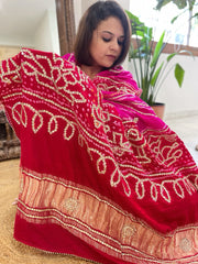 Pink, Red Bandhani Dupatta with Gotapatti Handwork in Pure Silk
