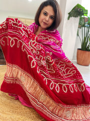 Pink, Red Bandhani Dupatta with Gotapatti Handwork in Pure Silk