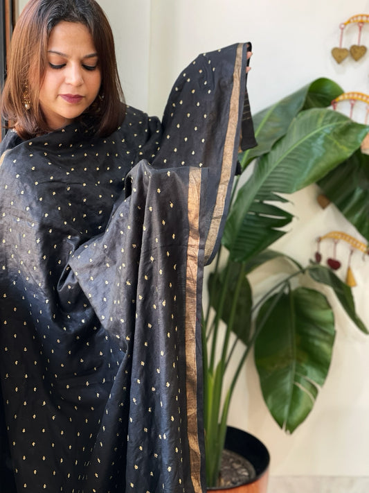 Black Handwoven Muga Silk dupattas with Hand Embroidery