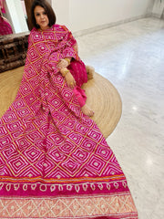 Pink Bandhani Dupatta with Gotapatti Handwork in Pure Silk