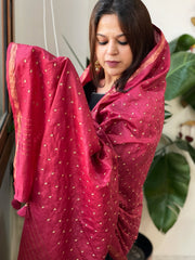 Maroon Handwoven Muga Silk dupattas with Hand Embroidery
