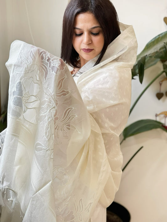 Cream Handwoven Chanderi Dupatta with Self Weaving and Cut Work Pallu
