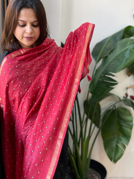 Red Handwoven Muga Silk dupattas with Hand Embroidery