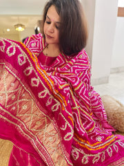 Pink Bandhani Dupatta with Gotapatti Handwork in Pure Silk