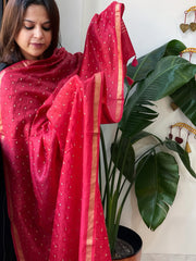 Red Handwoven Muga Silk dupattas with Hand Embroidery