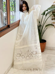 Cream Handwoven Chanderi Dupatta with Self Weaving and Cut Work Pallu