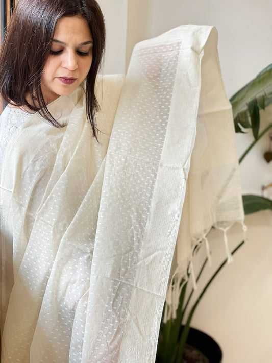 Cream Handwoven Chanderi Dupatta with Self Weaving and Cut Work Pallu