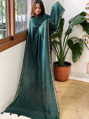 Green Handwoven Muga Silk dupattas with Hand Embroidery