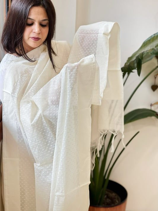 Cream Handwoven Chanderi Dupatta with Self Weaving and Cut Work Pallu