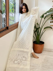 Cream Handwoven Chanderi Dupatta with Self Weaving and Cut Work Pallu