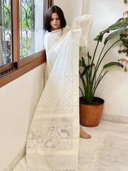 Cream Handwoven Chanderi Dupatta with Self Weaving and Cut Work Pallu
