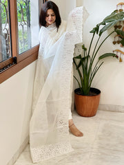 Cream Chanderi Dupatta with Cut Work and Mirror Work