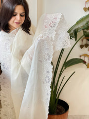 Cream Chanderi Dupatta with Cut Work and Mirror Work