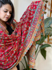 Red Chinon Dupatta with Aari Embroidery