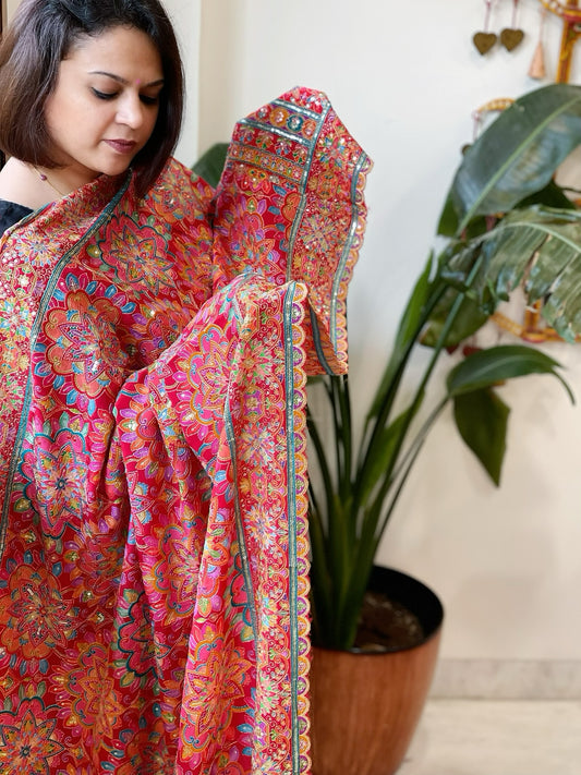 Red Chinon Dupatta with Aari Embroidery